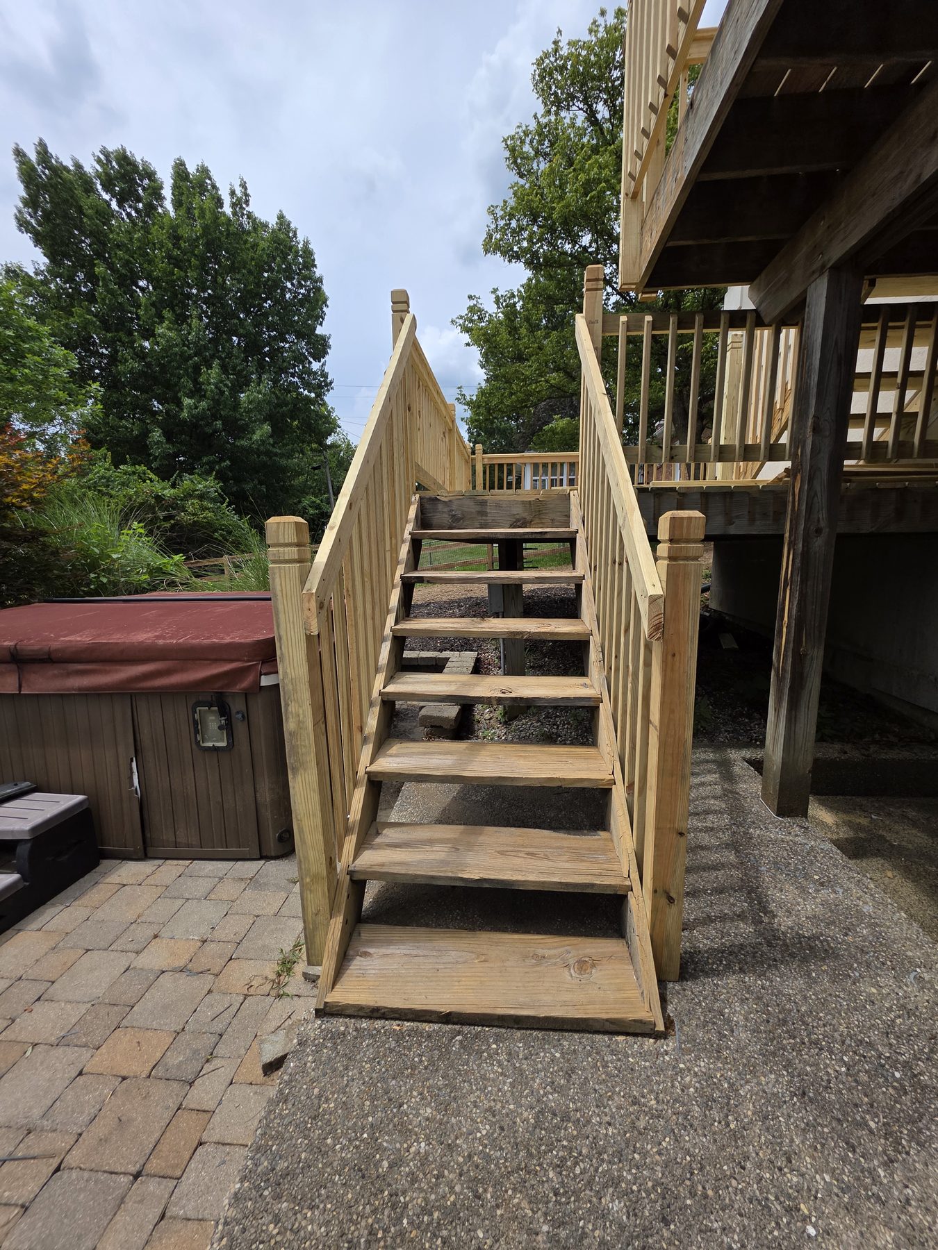 Completed exterior stairs with guards and handrails